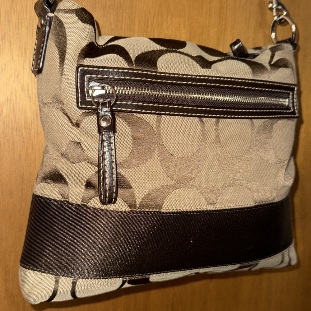 •COACH•TAN & BROWN SIGNATURE “C” STRIPED LOGO FILE TOTE CROSSBODY BAG EUC - Picture 10 of 17